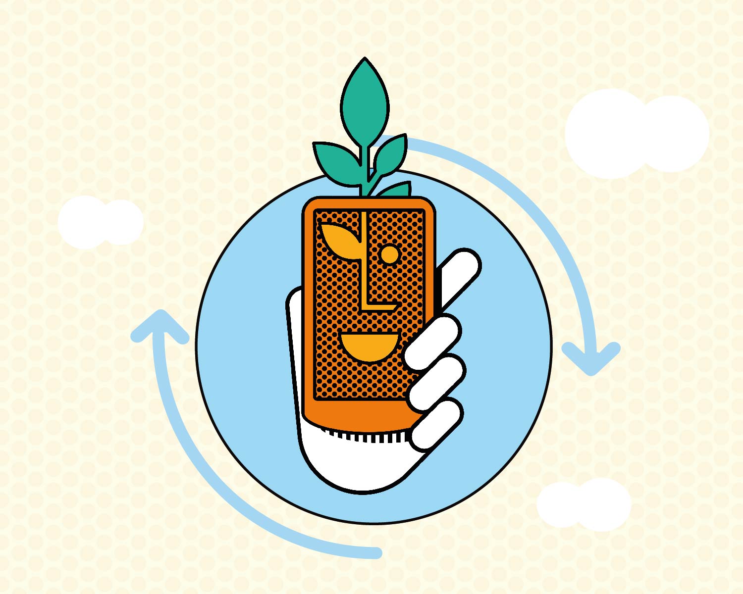 Une illustration avec une main tenant un smartphone et une petite plante qui pousse dessus