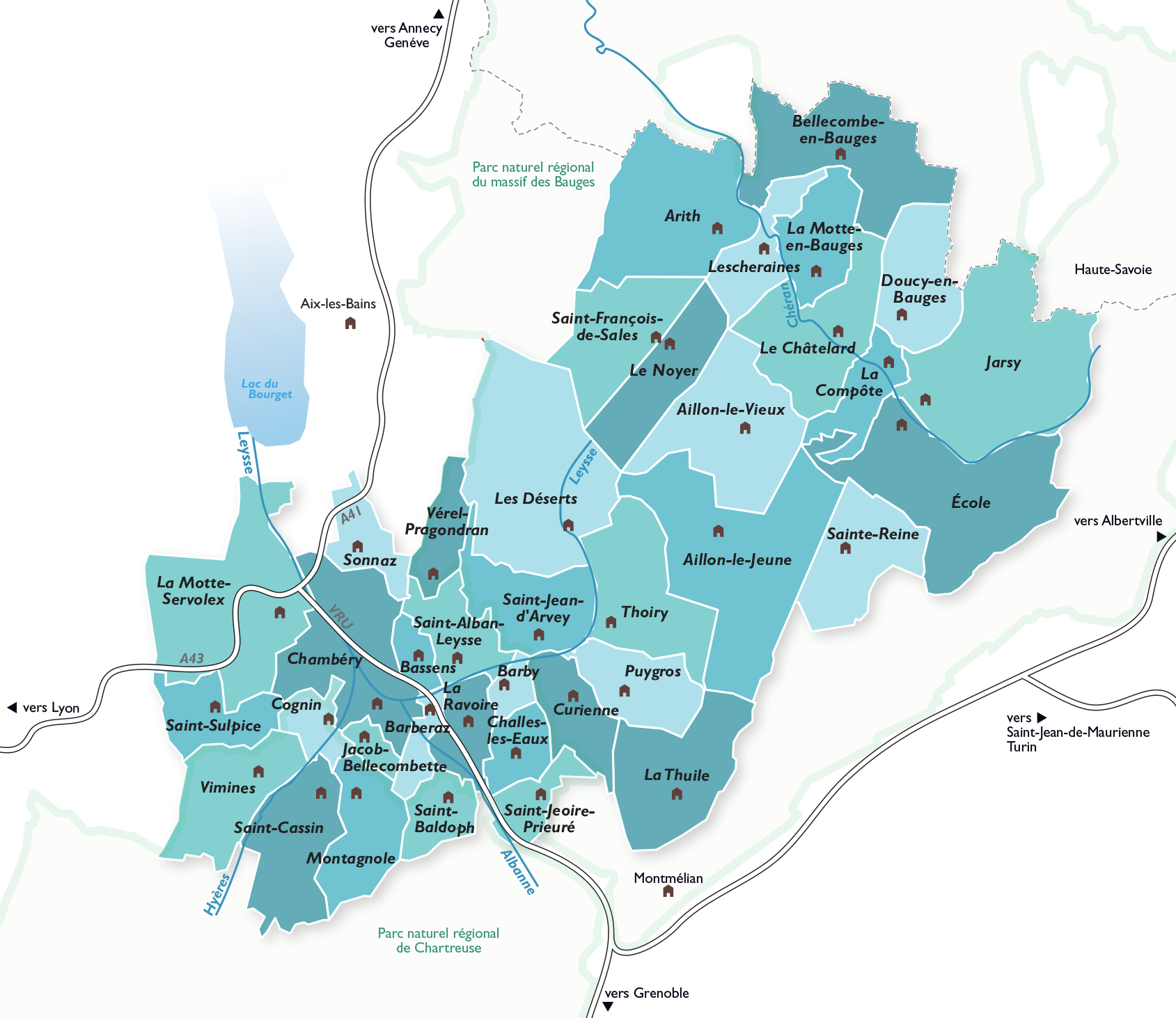 Cartographie de l'agglomération de Grand Chambéry et ses 38 communes.